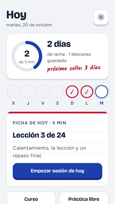 Pantalla Hoy: la sesión de 5 minutos y la racha de días