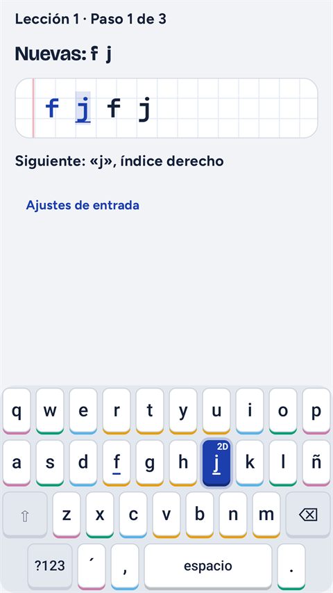 Ejercicio con el teclado en pantalla, que marca qué dedo usar