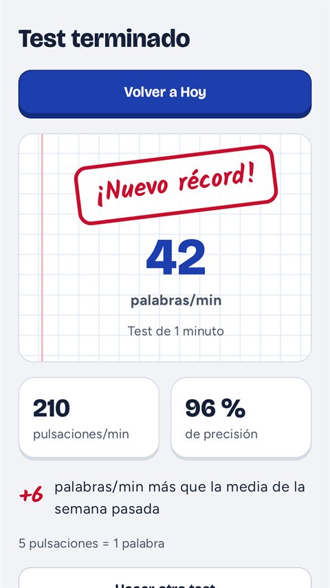 Resultado del test de velocidad en palabras y pulsaciones por minuto