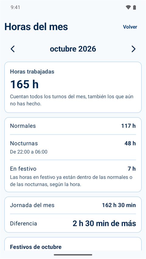 Horas trabajadas del mes: normales, nocturnas y en festivo